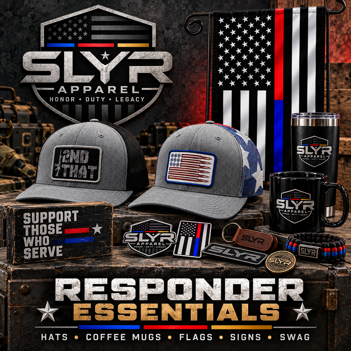 SLYR Apparel Responder Essentials Collection with first responder hats, flags, mugs and accessories