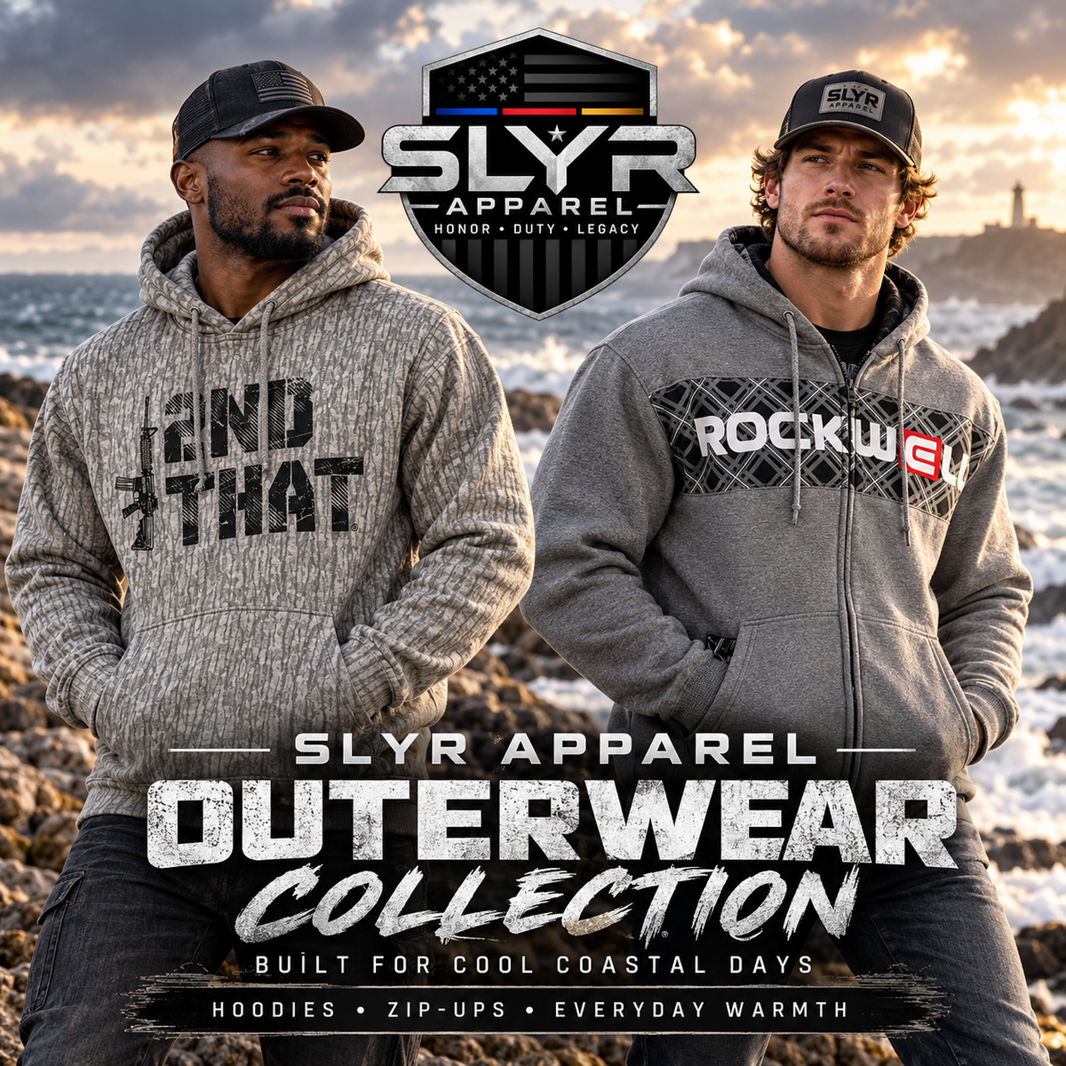 SLYR Apparel Outerwear collection featuring hoodies, pullovers, and casual long-sleeve styles