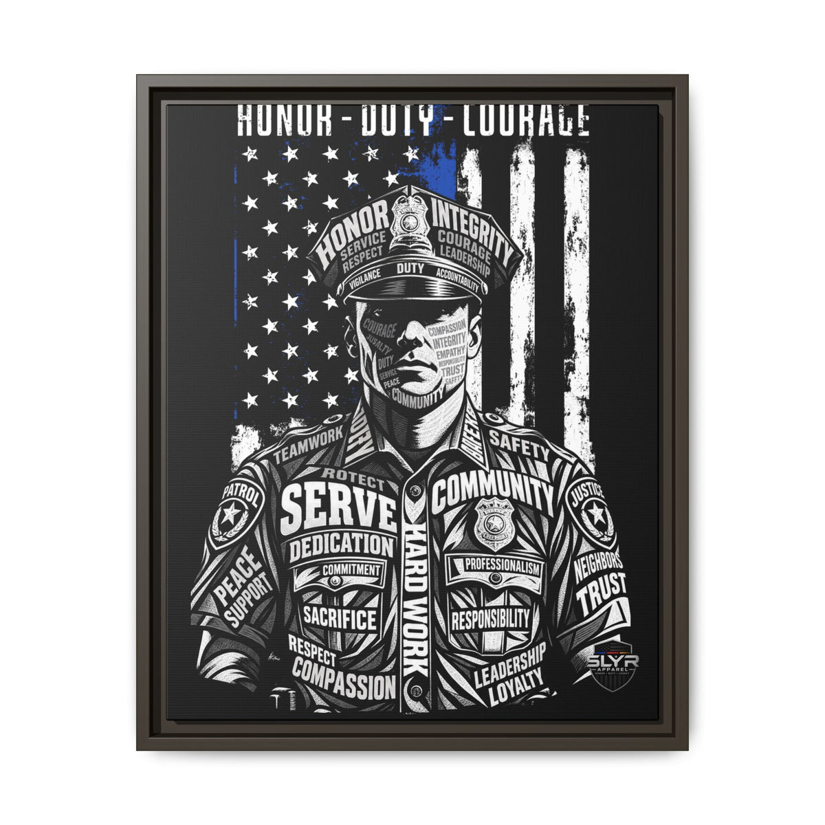 SLYR Apparel Honor Duty Loyalty patriotic framed canvas wall art - product view 3 with American flag service tribute