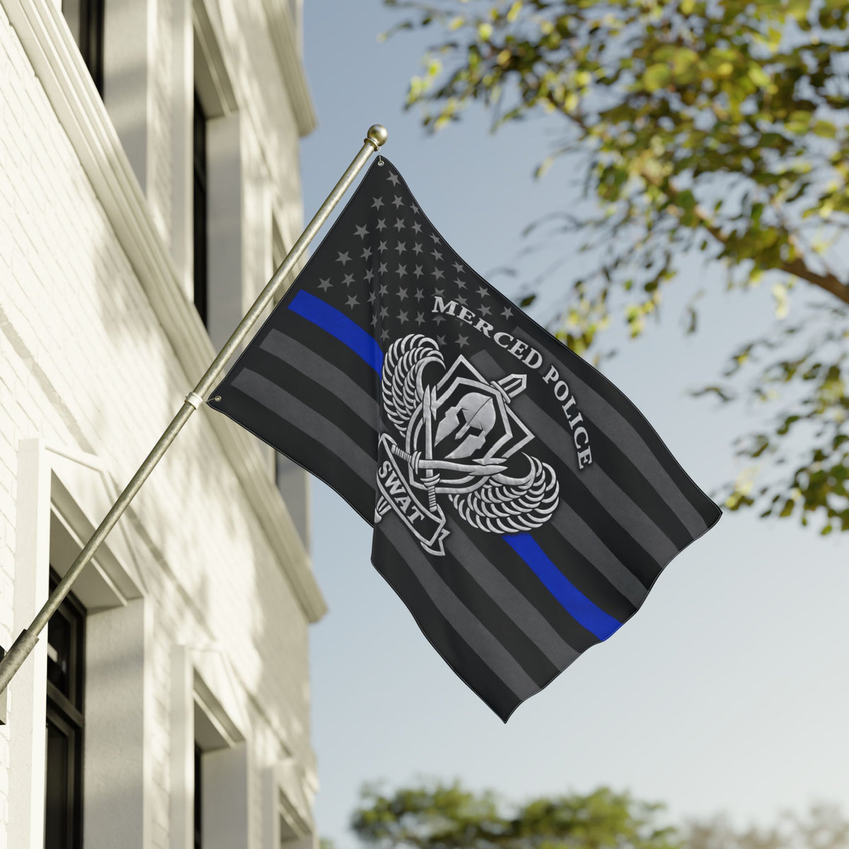 Double-sided Merced Police SWAT flag with silver emblem and thin blue line artwork