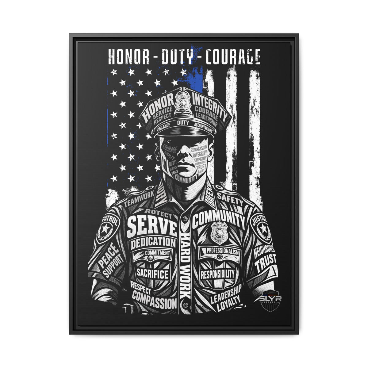 SLYR Apparel Honor Duty Loyalty patriotic framed canvas wall art - product view 8 with American flag service tribute