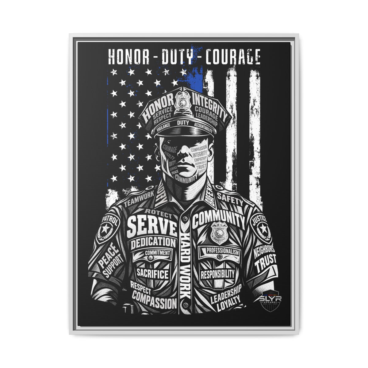 SLYR Apparel Honor Duty Loyalty patriotic framed canvas wall art - product view 5 with American flag service tribute