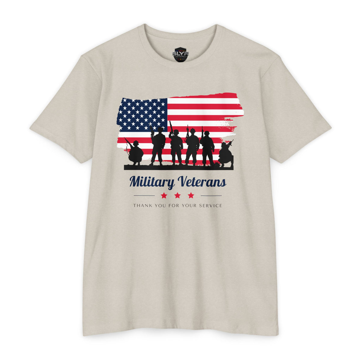 SLYR Apparel Military Veterans American flag tribute T-shirt - product mockup 1 with Thank You for Your Service design