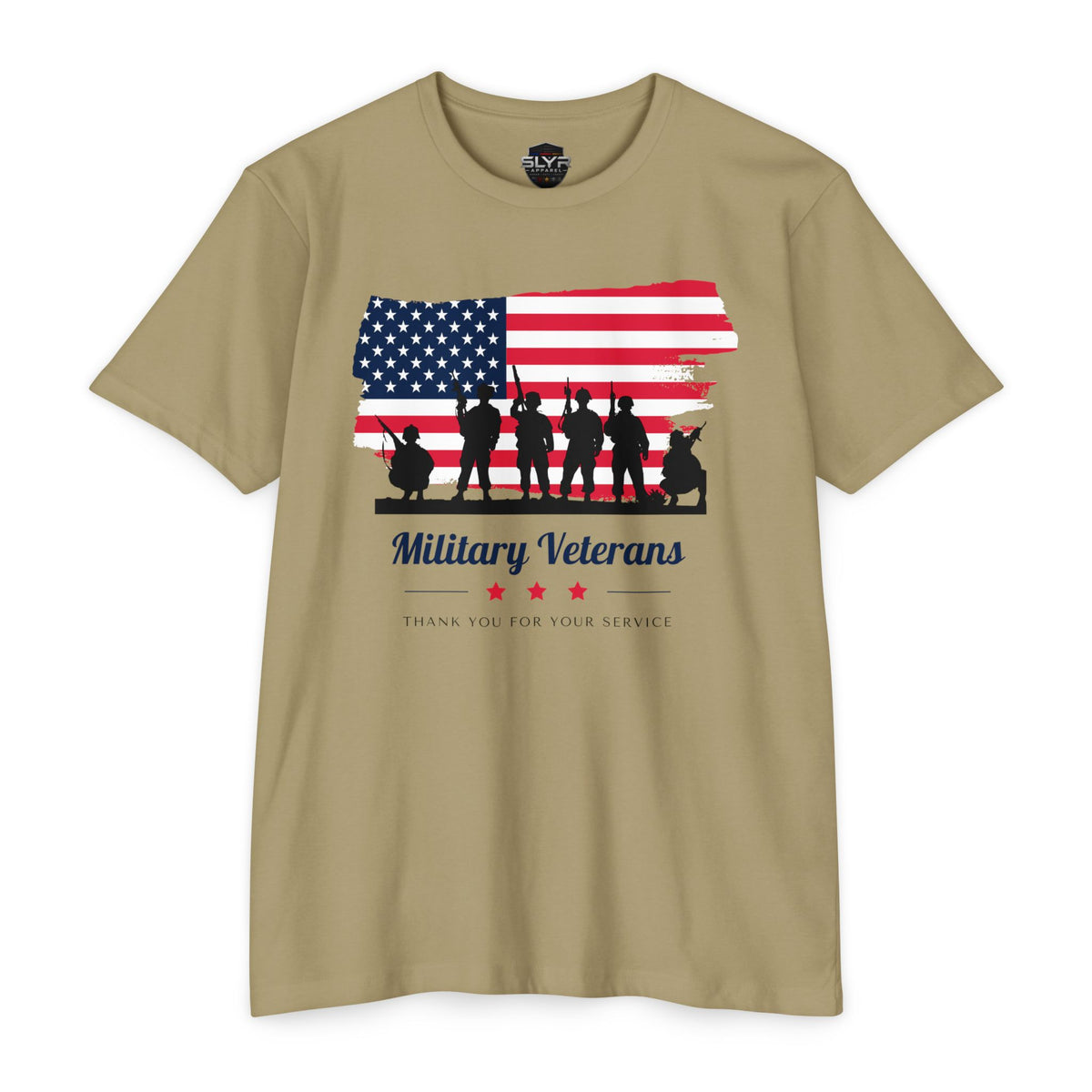 SLYR Apparel Military Veterans American flag tribute T-shirt - product mockup 2 with Thank You for Your Service design