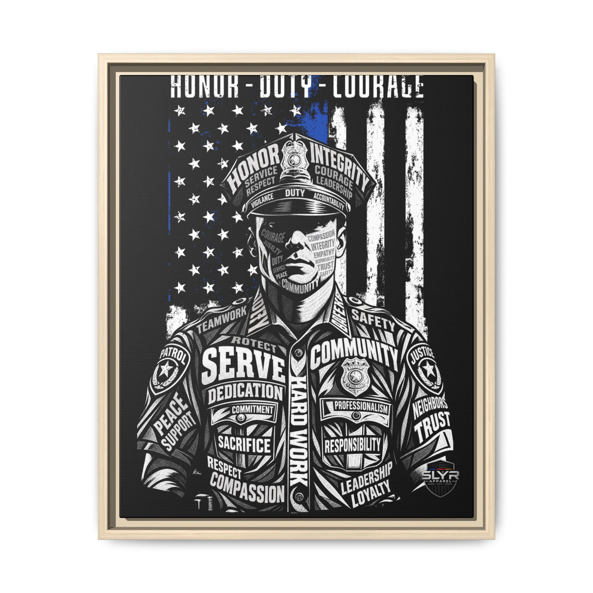 SLYR Apparel Honor Duty Loyalty patriotic framed canvas wall art - product view 1 with American flag service tribute