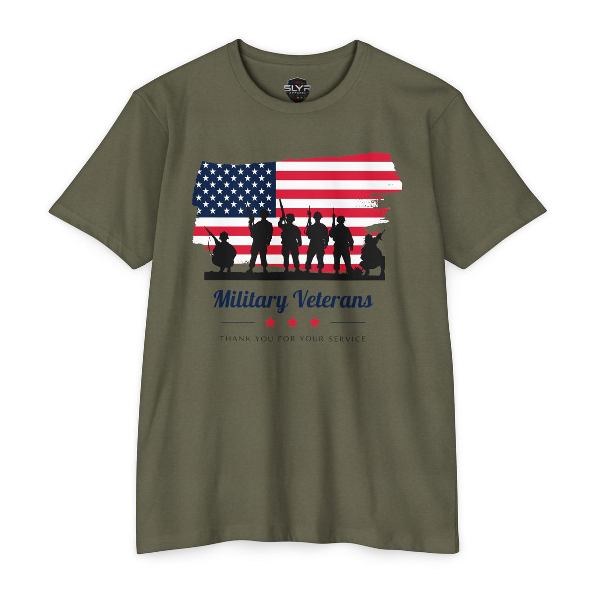 SLYR Apparel Military Veterans American flag tribute T-shirt - product mockup 3 with Thank You for Your Service design