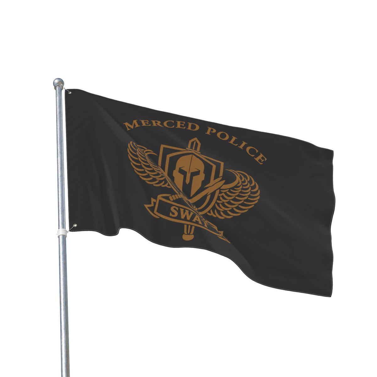 Merced Police SWAT flag with gold-tone emblem on black background