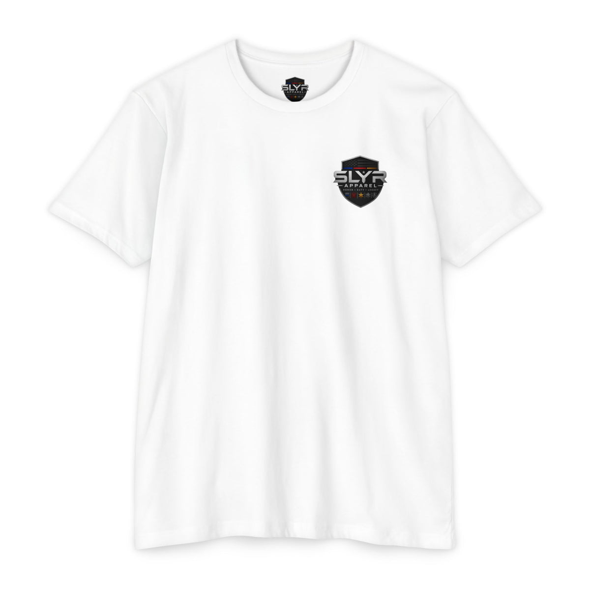 SLYR Apparel Shield T-shirt with distressed American flag and logo graphics