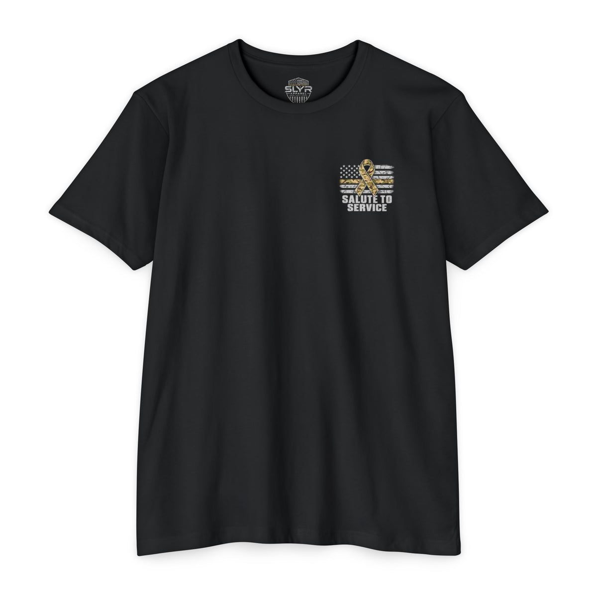 SLYR Apparel Salute to Service American Flag T-Shirt with distressed American flag and military service tribute artwork