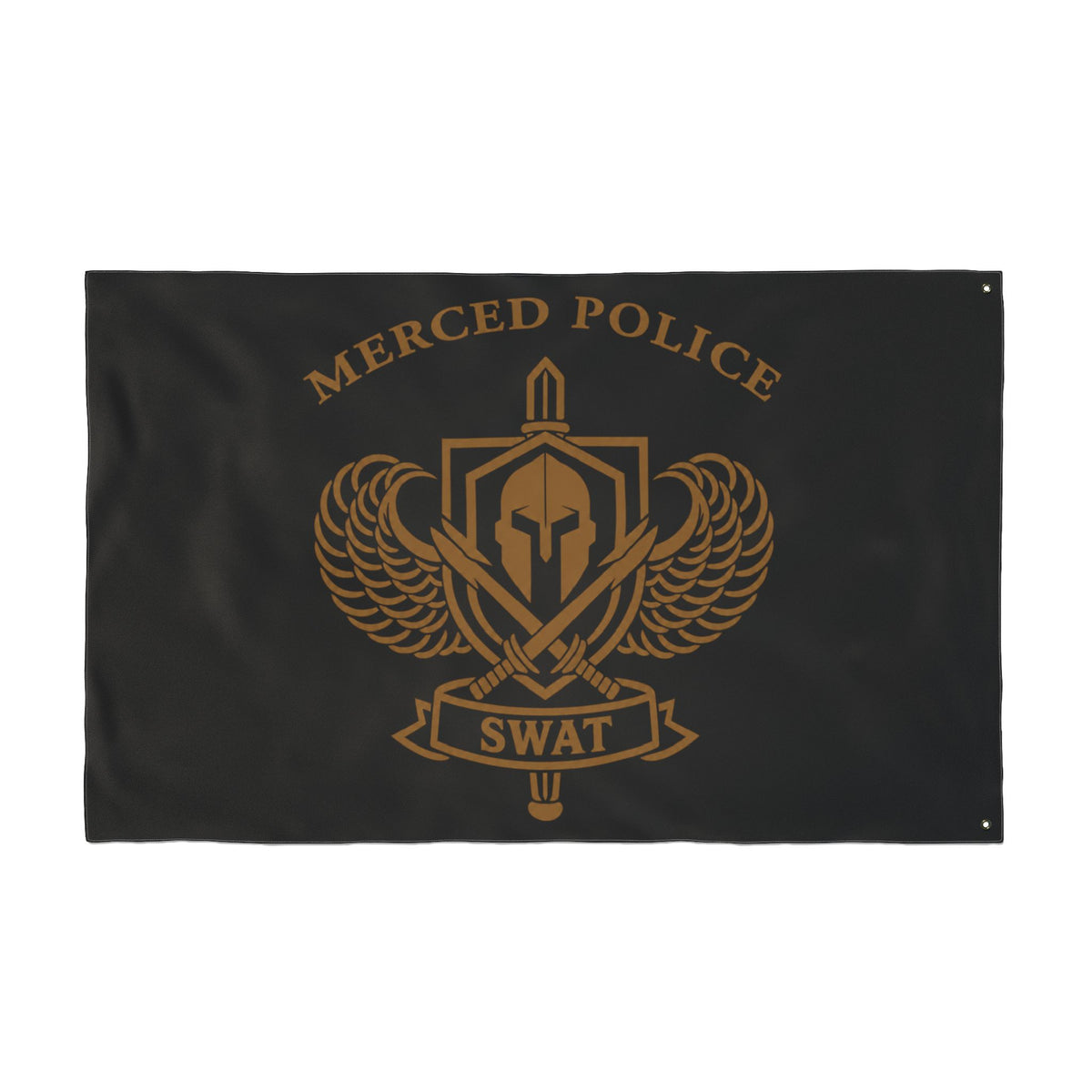 Black and gold Merced Police SWAT polyester flag for team or station display
