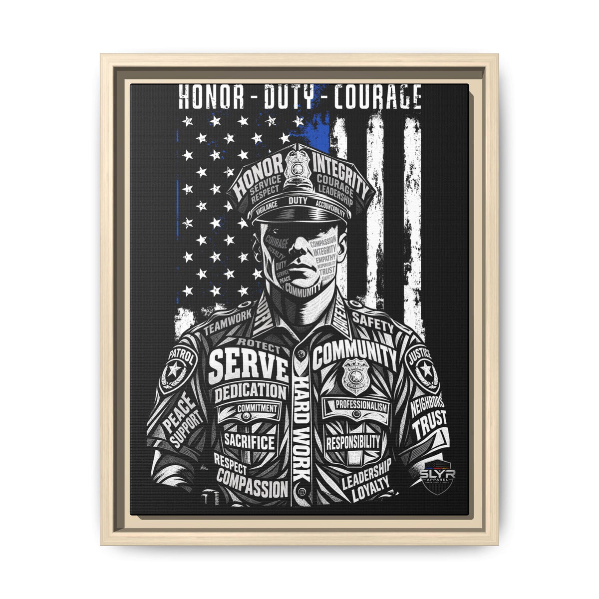 SLYR Apparel Honor Duty Loyalty patriotic framed canvas wall art - product view 11 with American flag service tribute