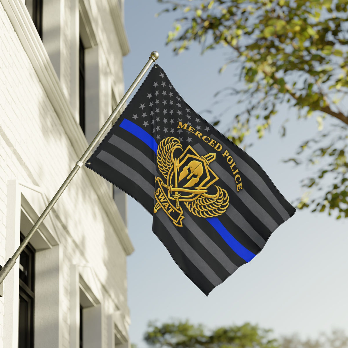 Double-sided Merced Police SWAT flag with gold emblem and thin blue line artwork
