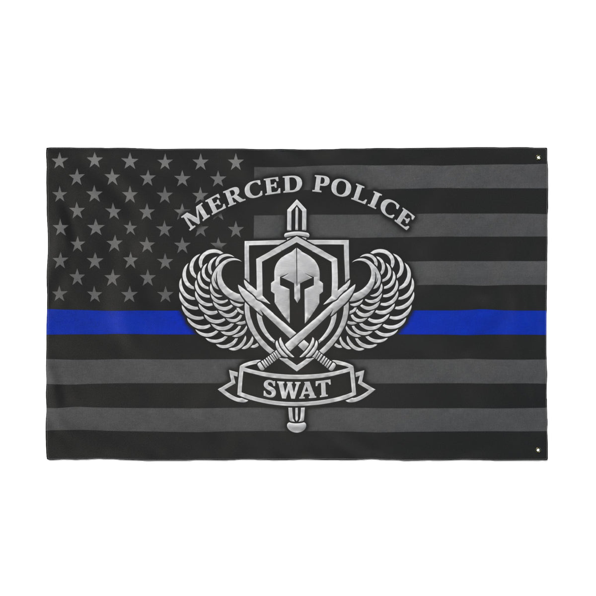 Silver Merced Police SWAT emblem flag with subdued American flag and thin blue line