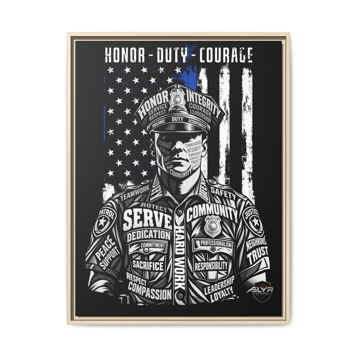 SLYR Apparel Honor Duty Loyalty patriotic framed canvas wall art - product view 7 with American flag service tribute