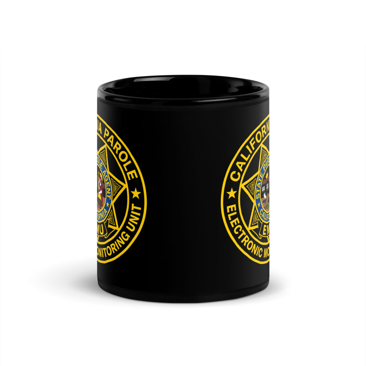 CDC Parole EMU black glossy ceramic coffee mug 11 oz – front view – SLYR Apparel