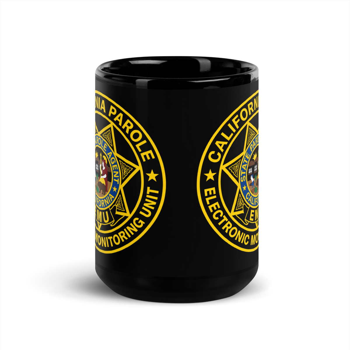 CDC Parole EMU black glossy ceramic coffee mug 15 oz – front view – SLYR Apparel