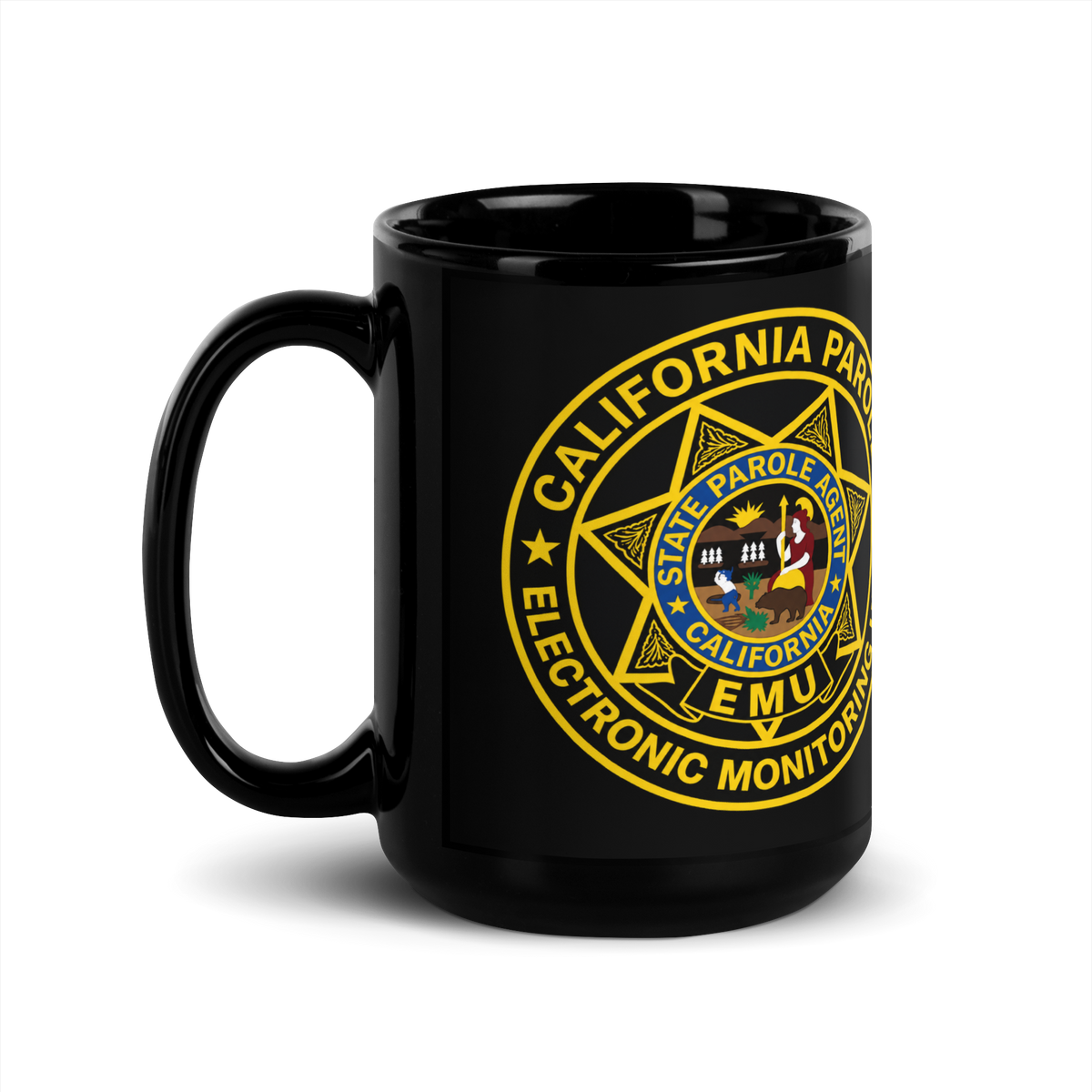 CDC Parole EMU black glossy ceramic coffee mug 15 oz – left-handle view – SLYR Apparel