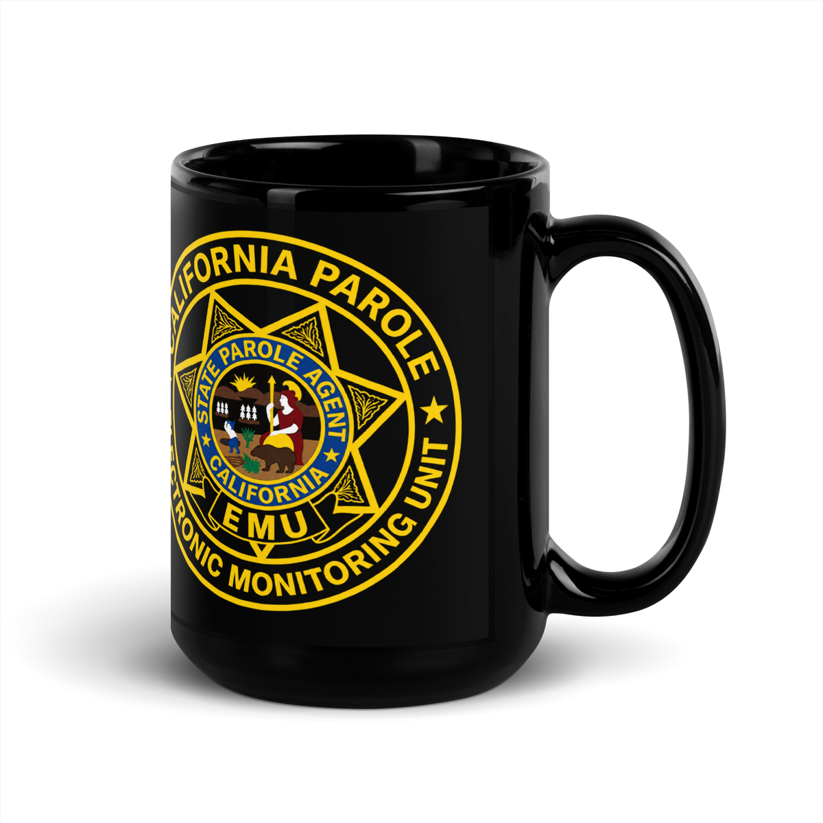 CDC Parole EMU black glossy ceramic coffee mug 15 oz – right-handle view – SLYR Apparel