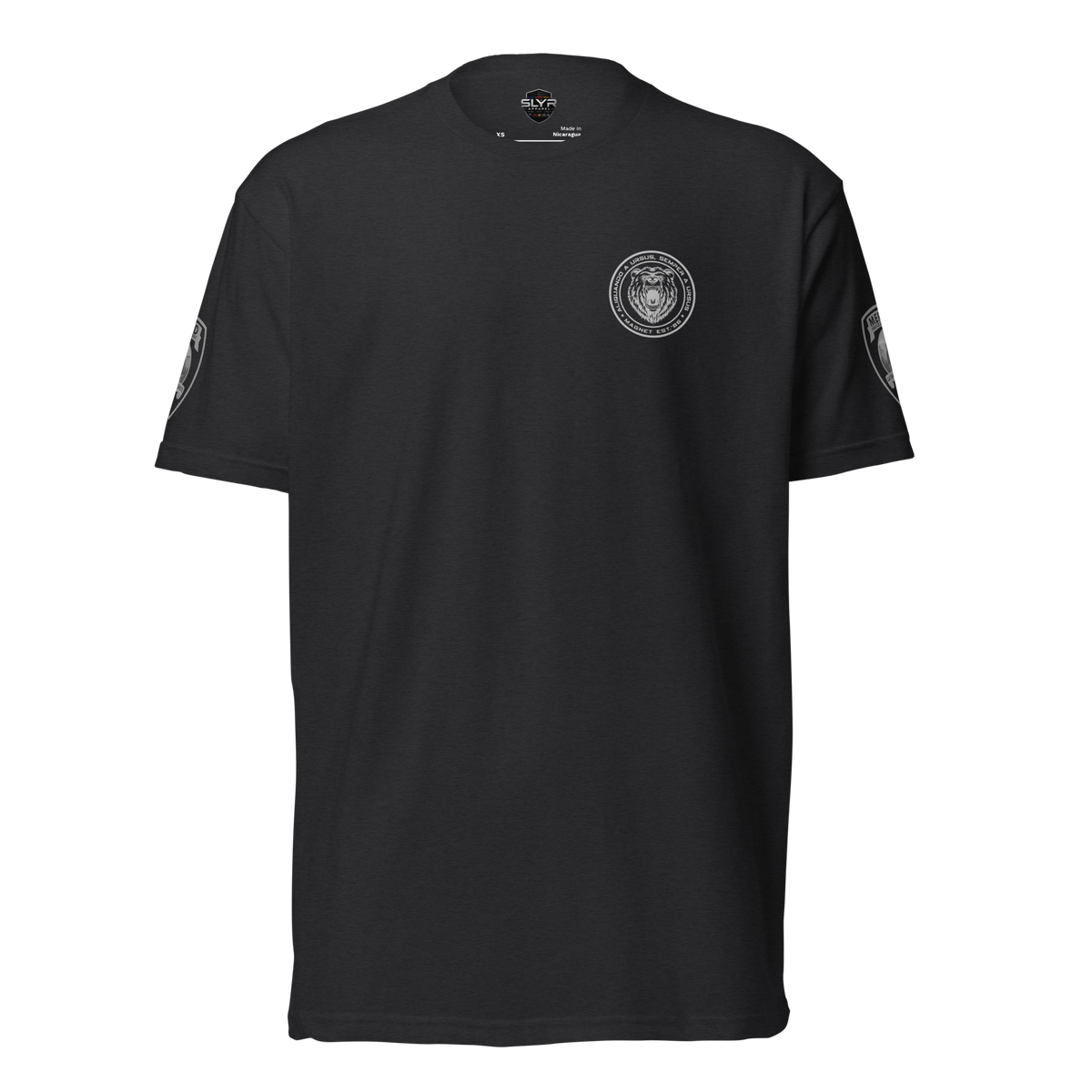 Front view of black SLYR Apparel MAGNET Task Force Police Raid T-Shirt