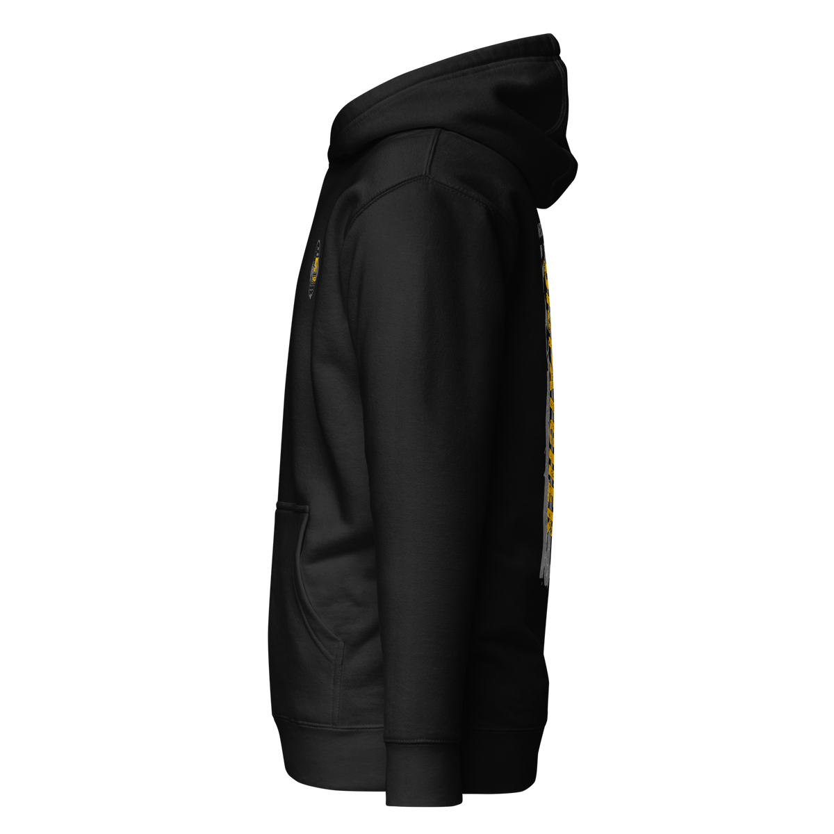 Left-side view of SLYR Apparel MPD Dispatcher yellow pullover hoodie in black