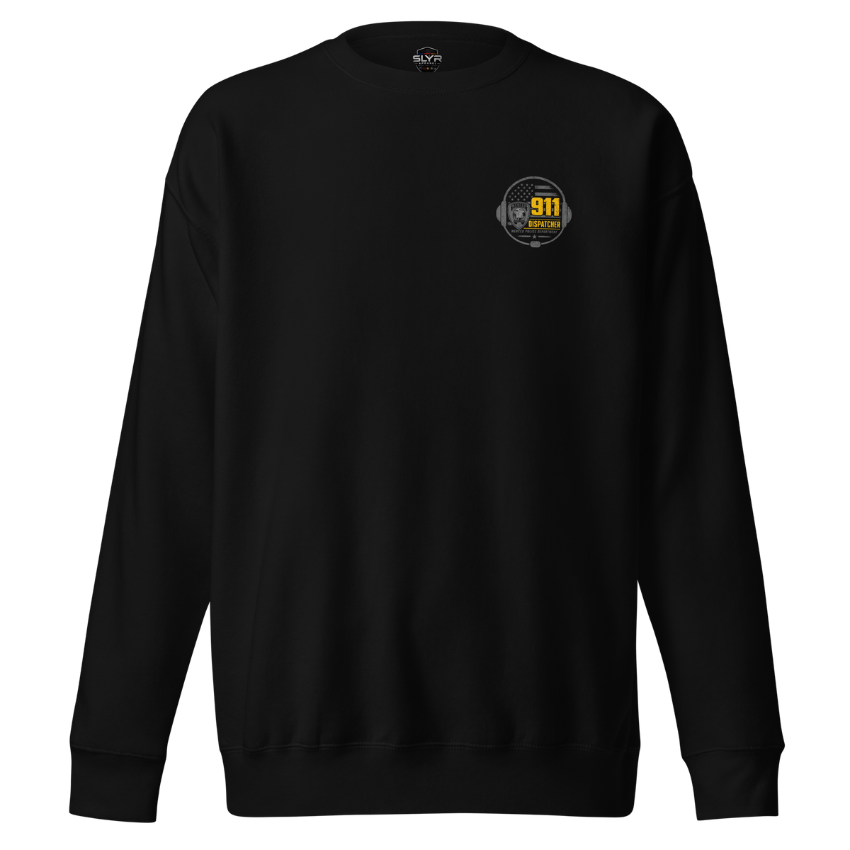 Front view of SLYR Apparel MPD Dispatcher red blue yellow sweatshirt in black