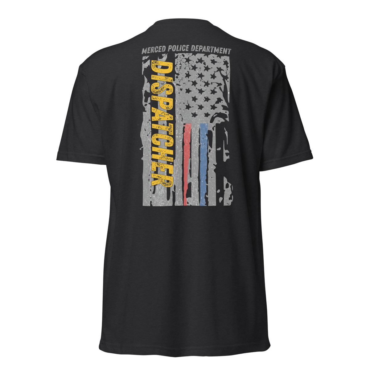 Back view of SLYR Apparel MPD Dispatcher red blue yellow T-Shirt in black