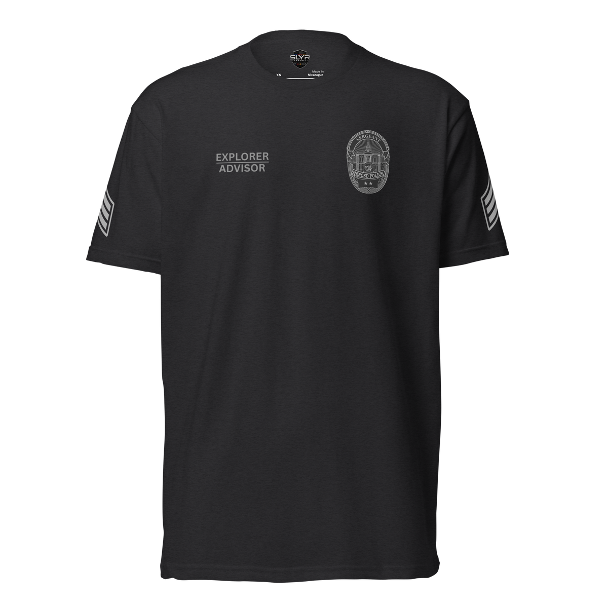 Front view of SLYR Apparel MPD Sergeant Explorer Advisor T-Shirt in black
