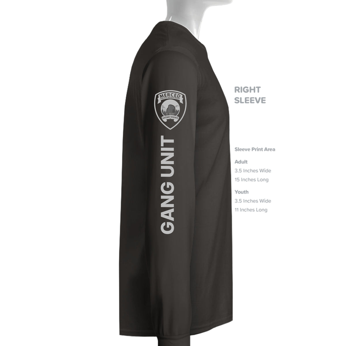 Merced Police Department Gang Unit D-Flex print CVC long-sleeve T-shirt – right sleeve view – SLYR Apparel