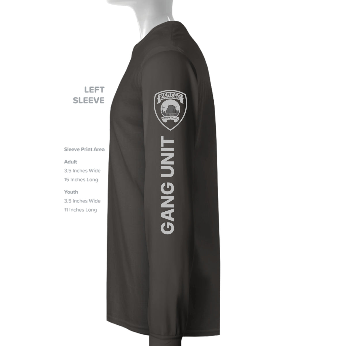 Merced Police Department Gang Unit D-Flex print CVC long-sleeve T-shirt – left sleeve view – SLYR Apparel