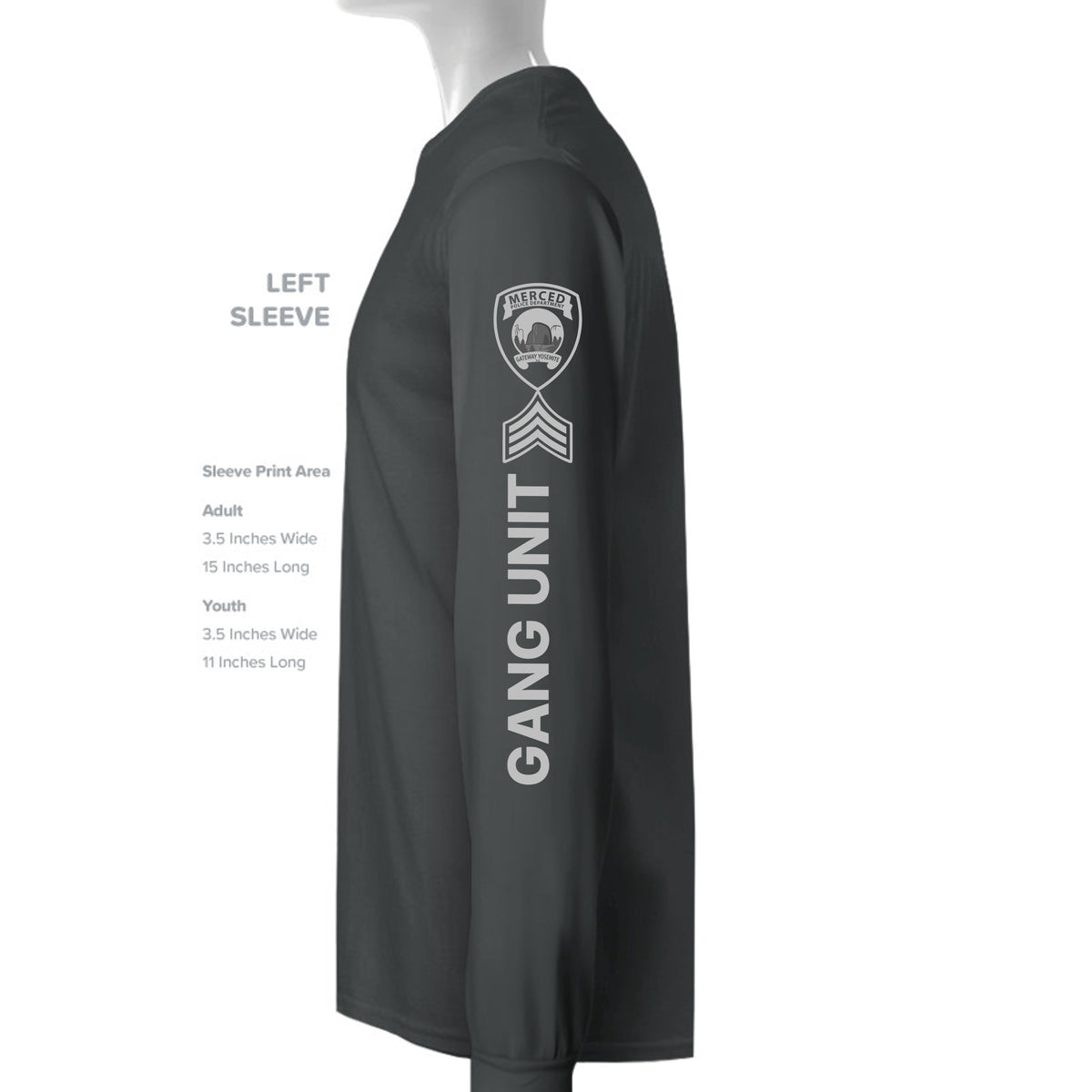 Merced Police Department Gang Sergeant D-Flex print performance fleece sweatshirt – left sleeve view – SLYR Apparel