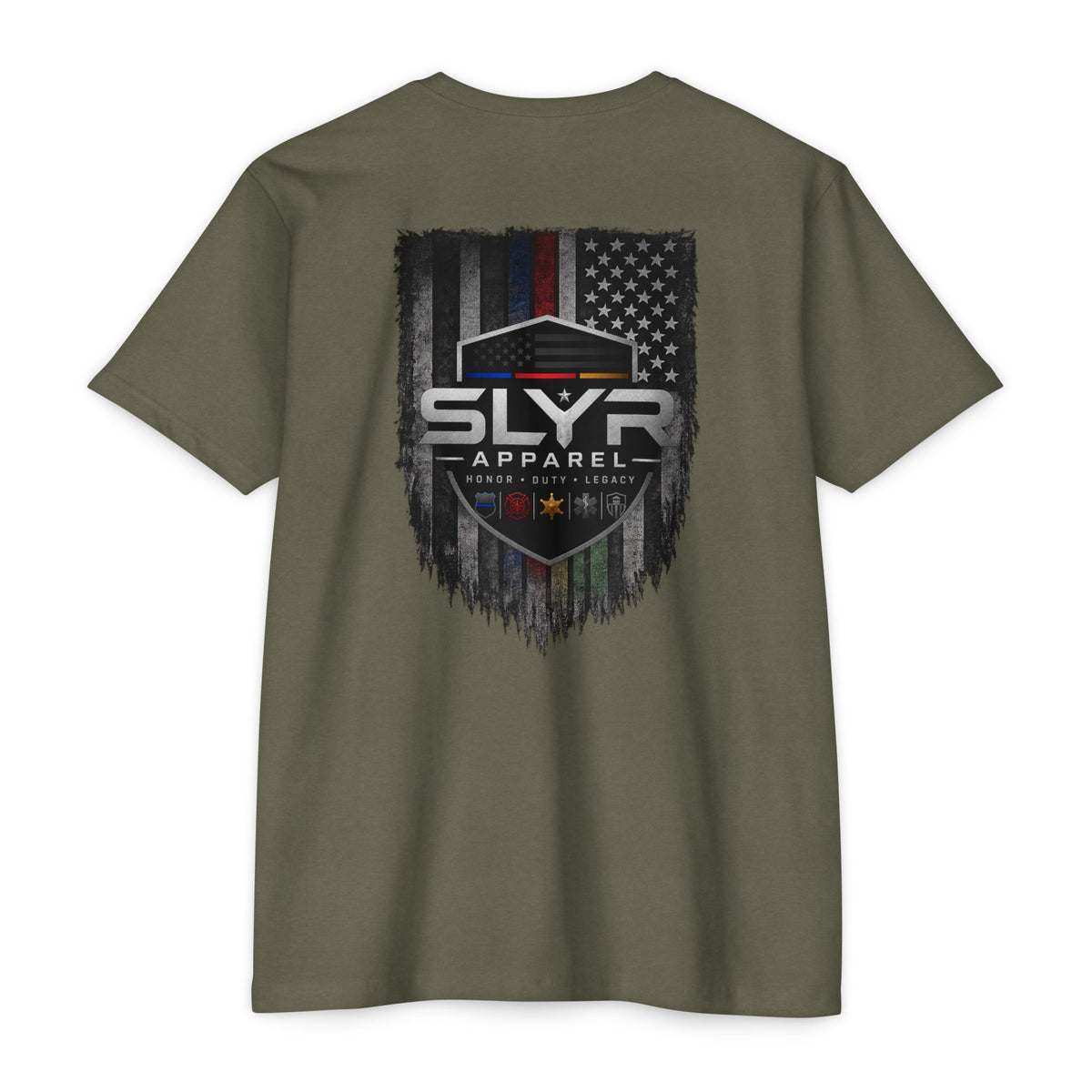 SLYR Apparel Shield distressed American flag graphic T-shirt
