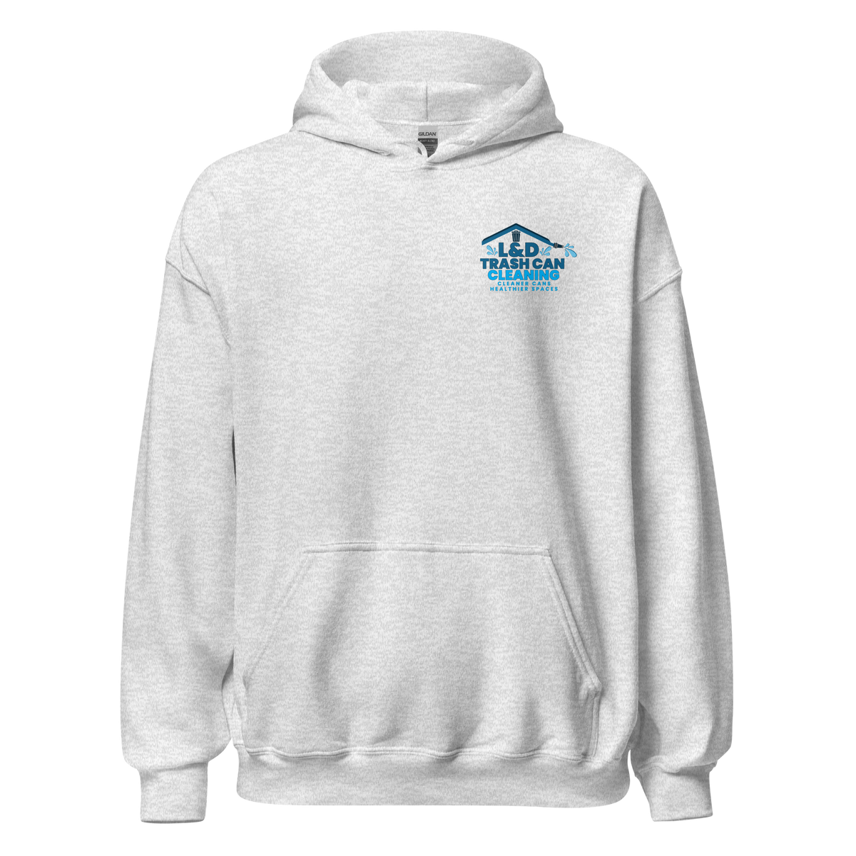 L&D Trash Can Cleaning branded hoodie, ash gray, front view