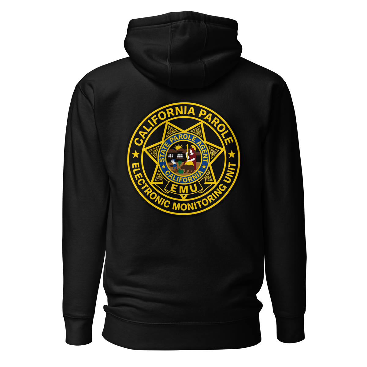California Parole EMU Pullover Hoodie by SLYR Apparel in black – back view