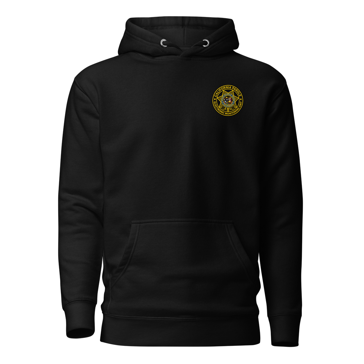 California Parole EMU Pullover Hoodie by SLYR Apparel in black – front view