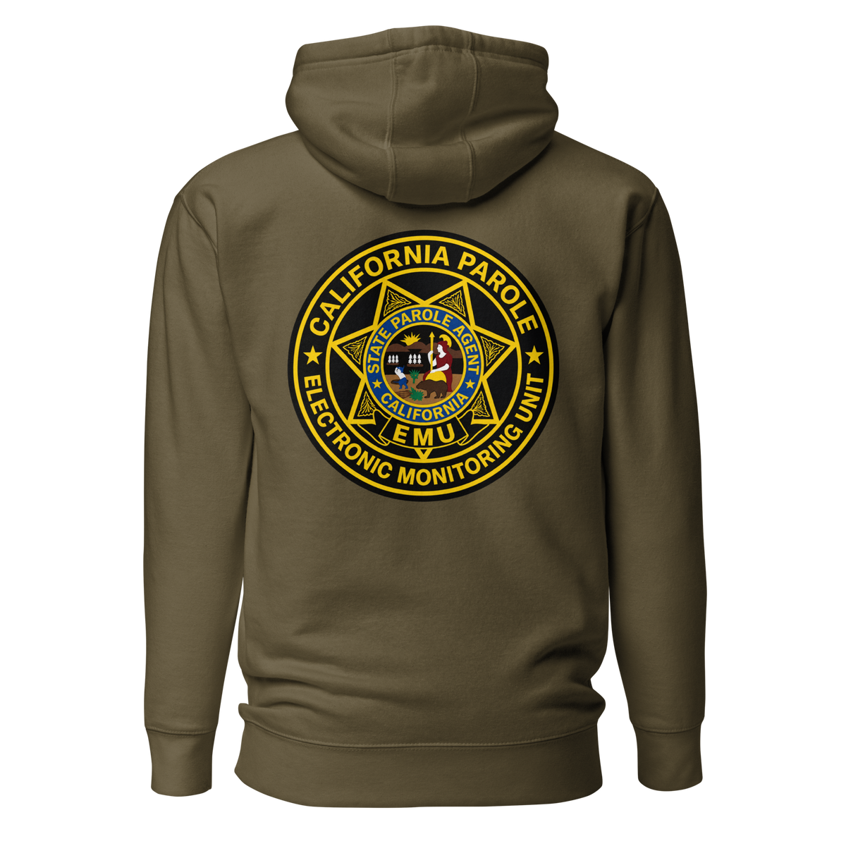 California Parole EMU Pullover Hoodie by SLYR Apparel in military green – back view