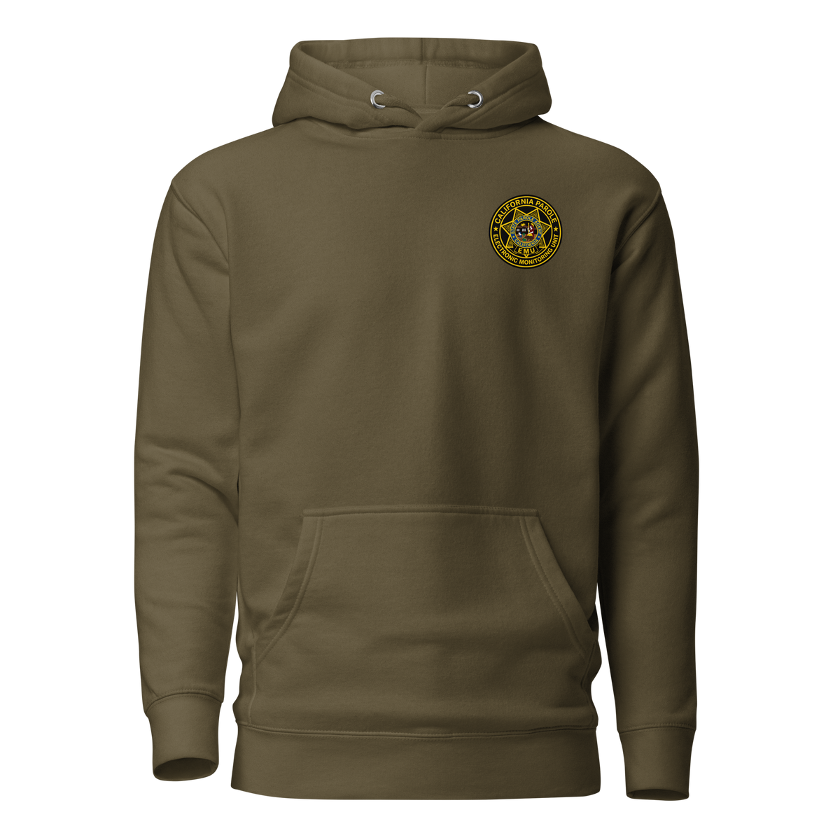 California Parole EMU Pullover Hoodie by SLYR Apparel in military green – front view
