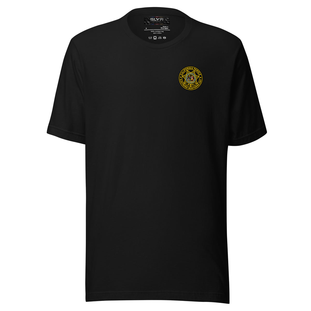 CDC Parole EMU Unit T-Shirt by SLYR Apparel in black – front view