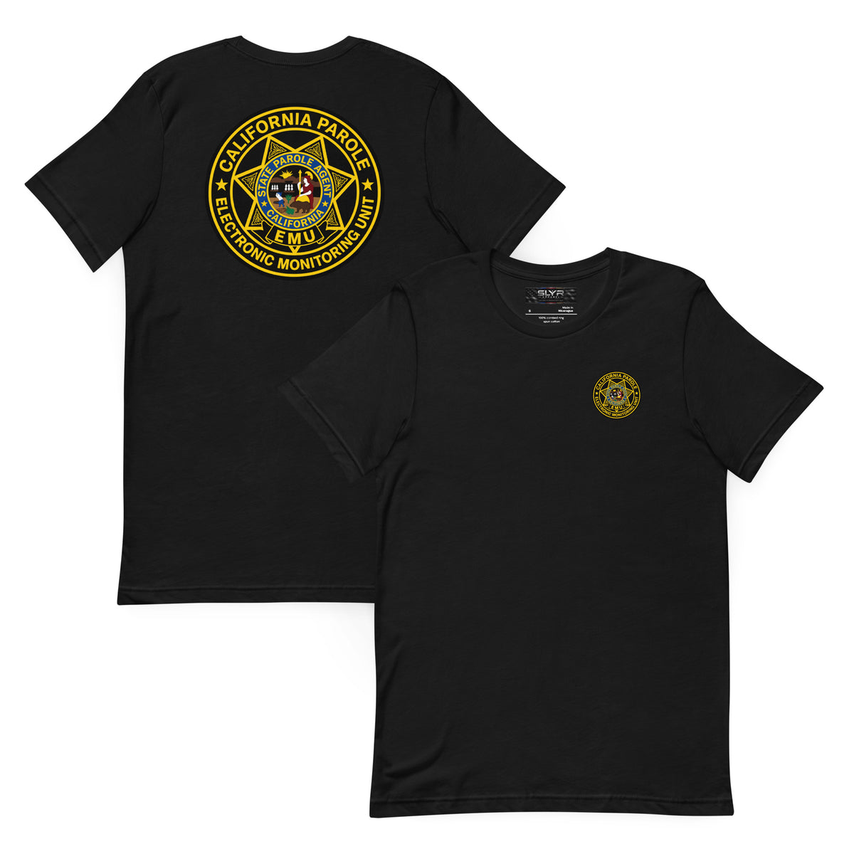 CDC Parole EMU Unit T-Shirt by SLYR Apparel in black – front and back views