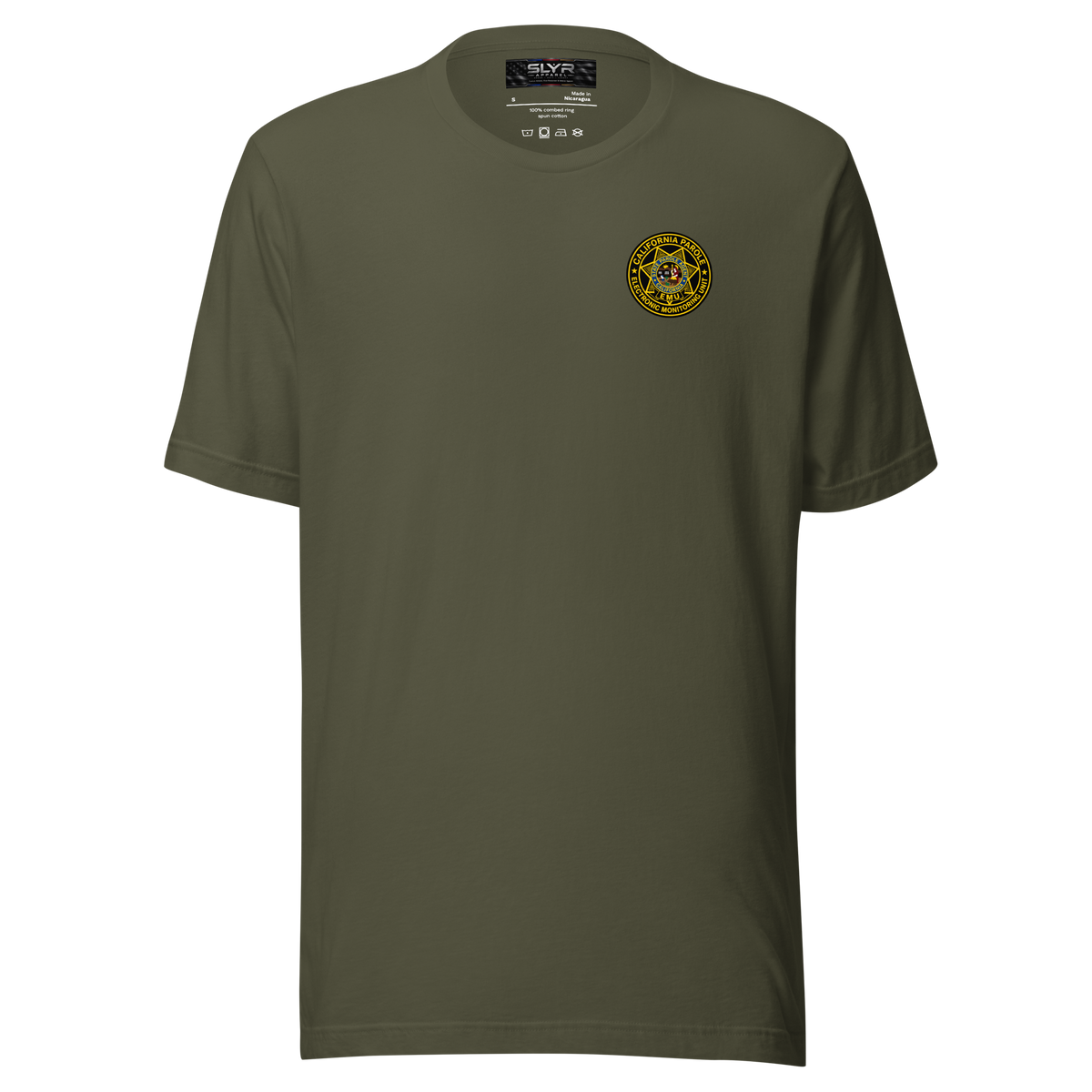California Parole EMU T-Shirt by SLYR Apparel in military green – front view