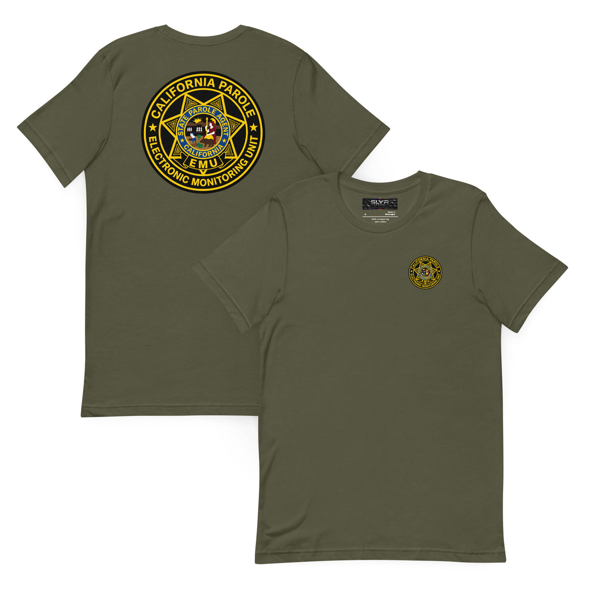 CDC Parole EMU Unit T-Shirt by SLYR Apparel in military green – front and back views