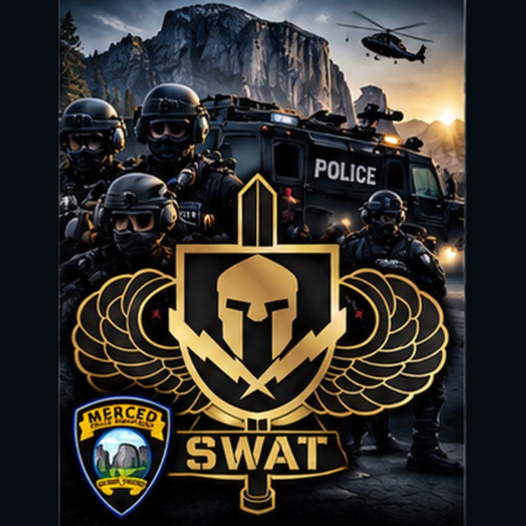 Merced Police Department SWAT collection cover for tactical team shirts hats and accessories