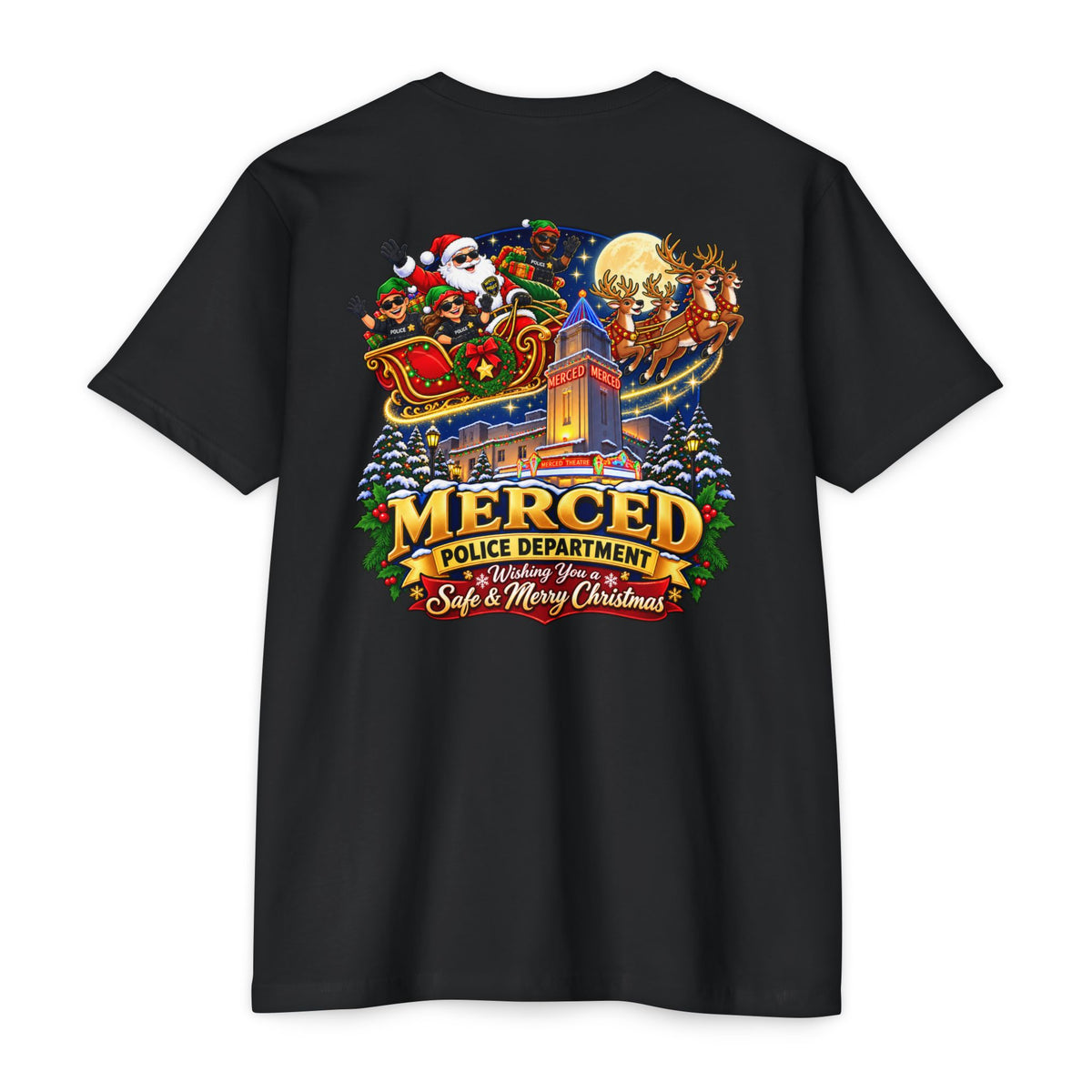 Merced Police Department Safe and Merry Christmas black T-shirt, holiday graphic