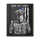 SLYR Apparel Honor Duty Loyalty patriotic framed canvas wall art - product view 3 with American flag service tribute