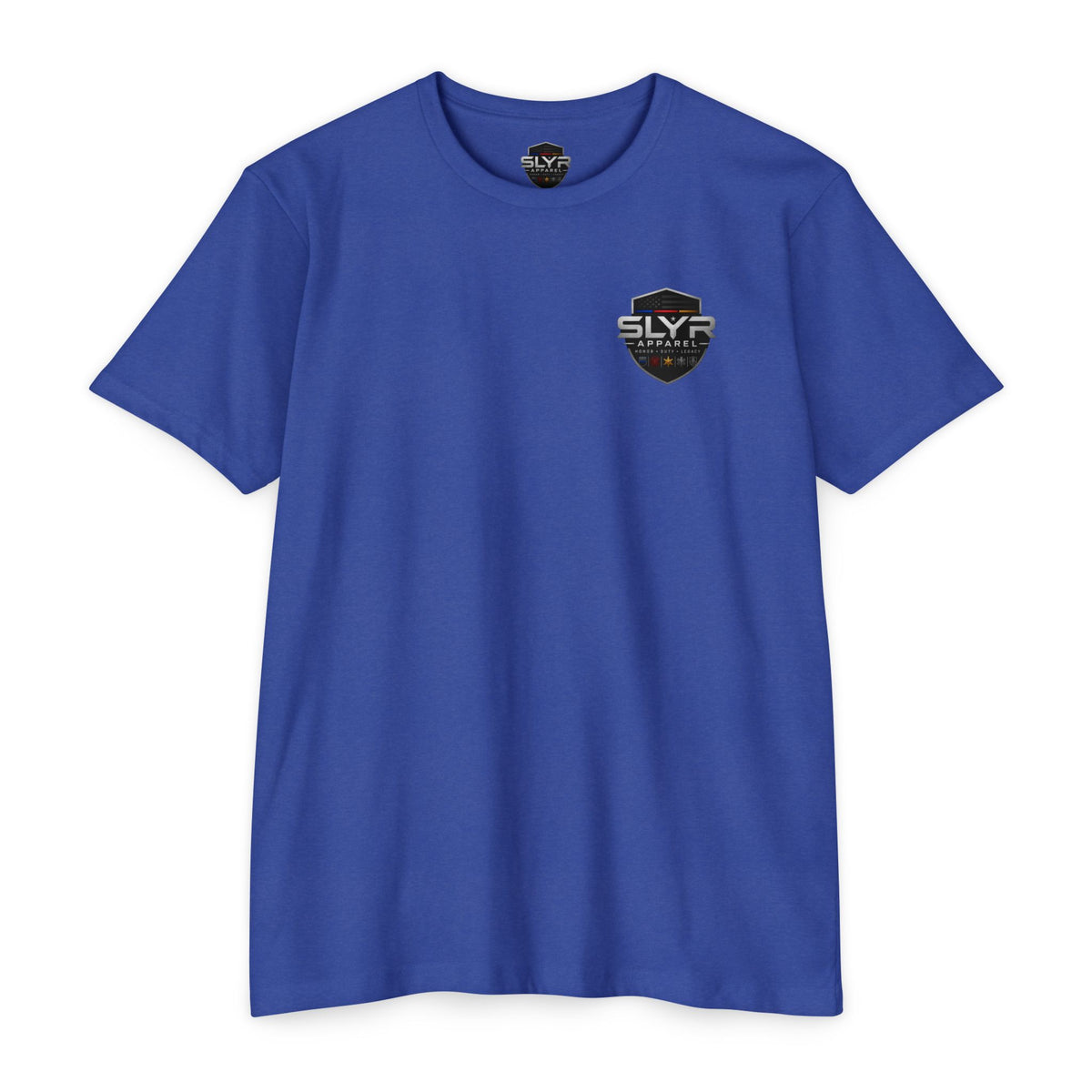 SLYR Apparel Shield T-shirt with distressed American flag and logo graphics