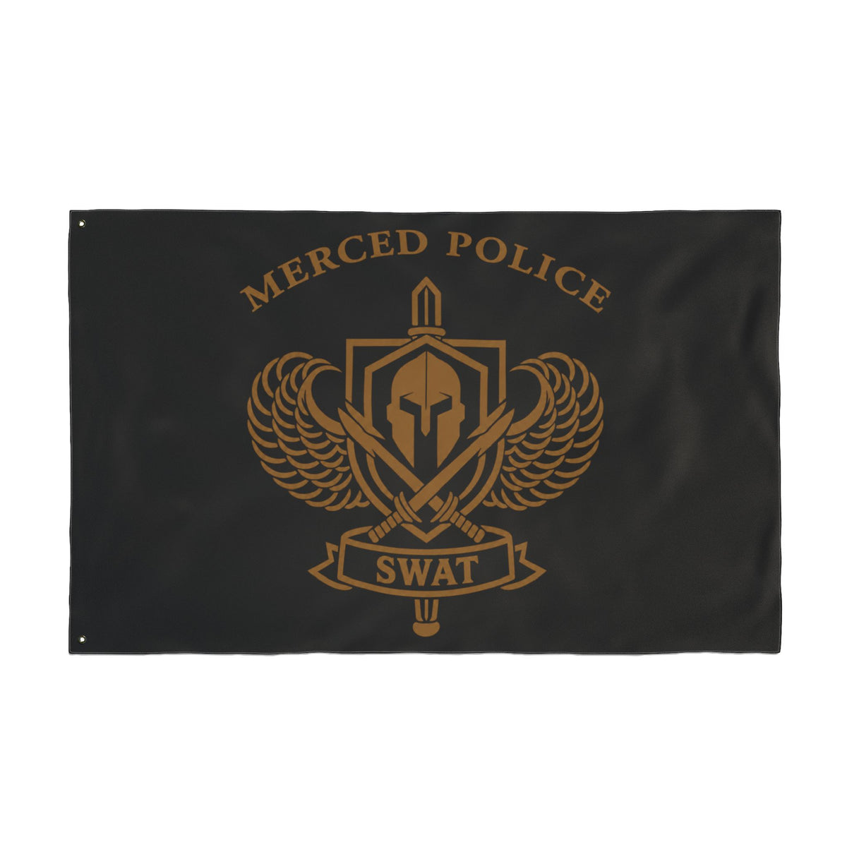 Merced Police SWAT double-sided black and gold flag with team emblem