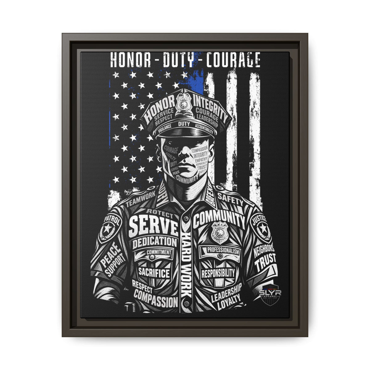 SLYR Apparel Honor Duty Loyalty patriotic framed canvas wall art - product view 10 with American flag service tribute