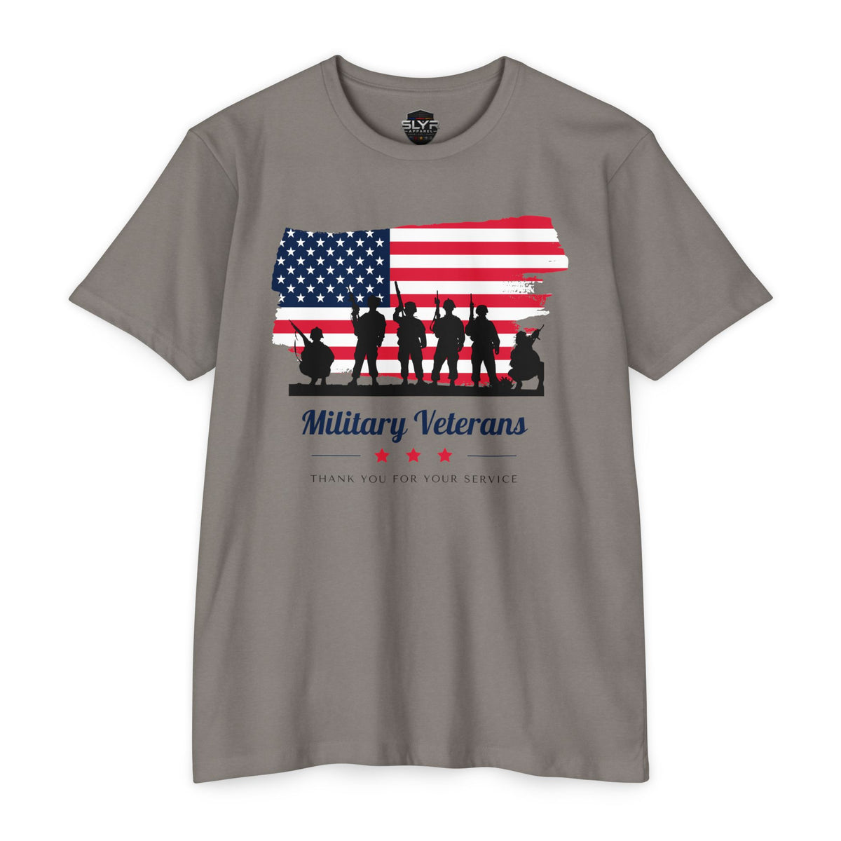 SLYR Apparel Military Veterans American flag tribute T-shirt - product mockup 4 with Thank You for Your Service design