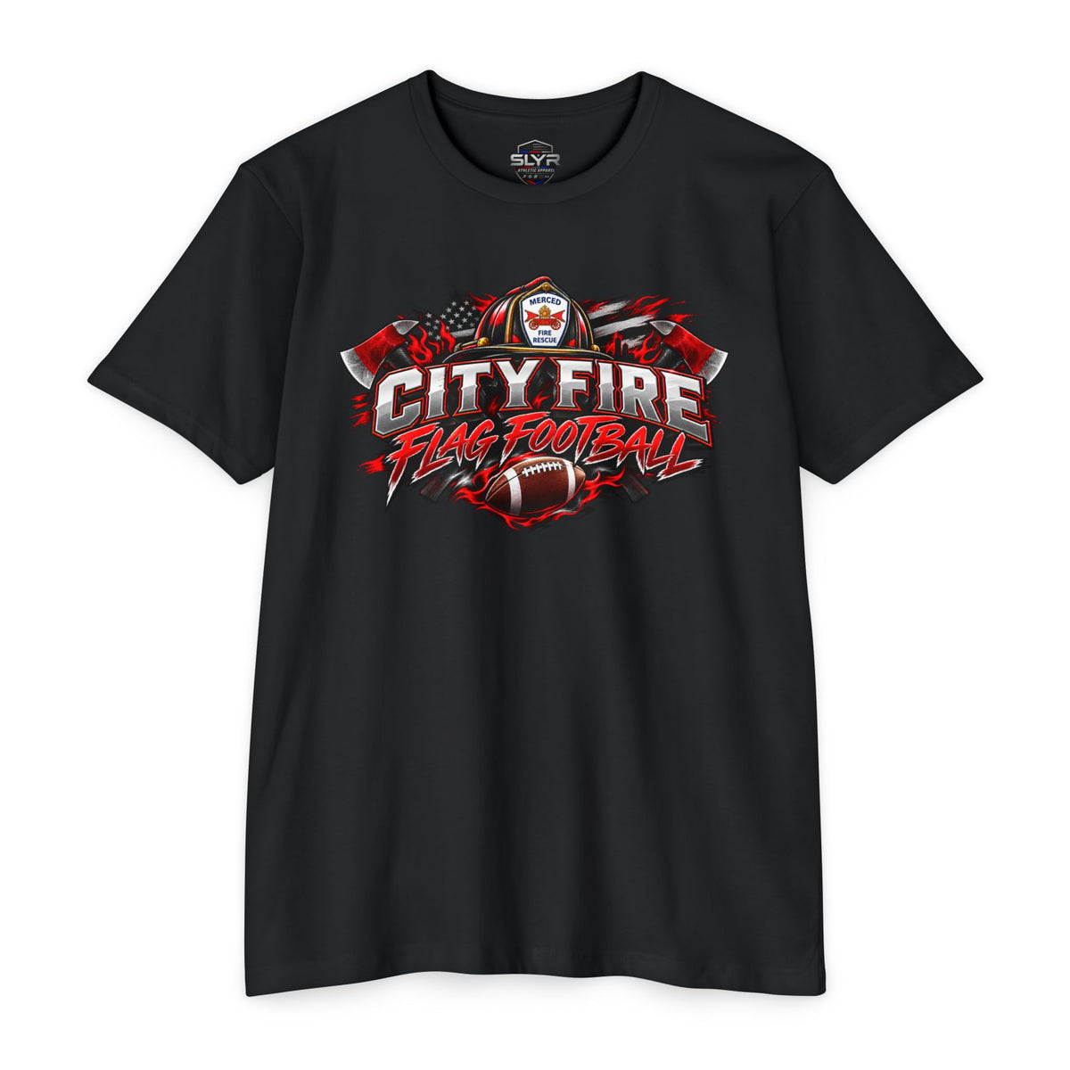City Fire flag football graphic T-shirt by SLYR Apparel - product view 1