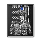 SLYR Apparel Honor Duty Loyalty patriotic framed canvas wall art - product view 2 with American flag service tribute