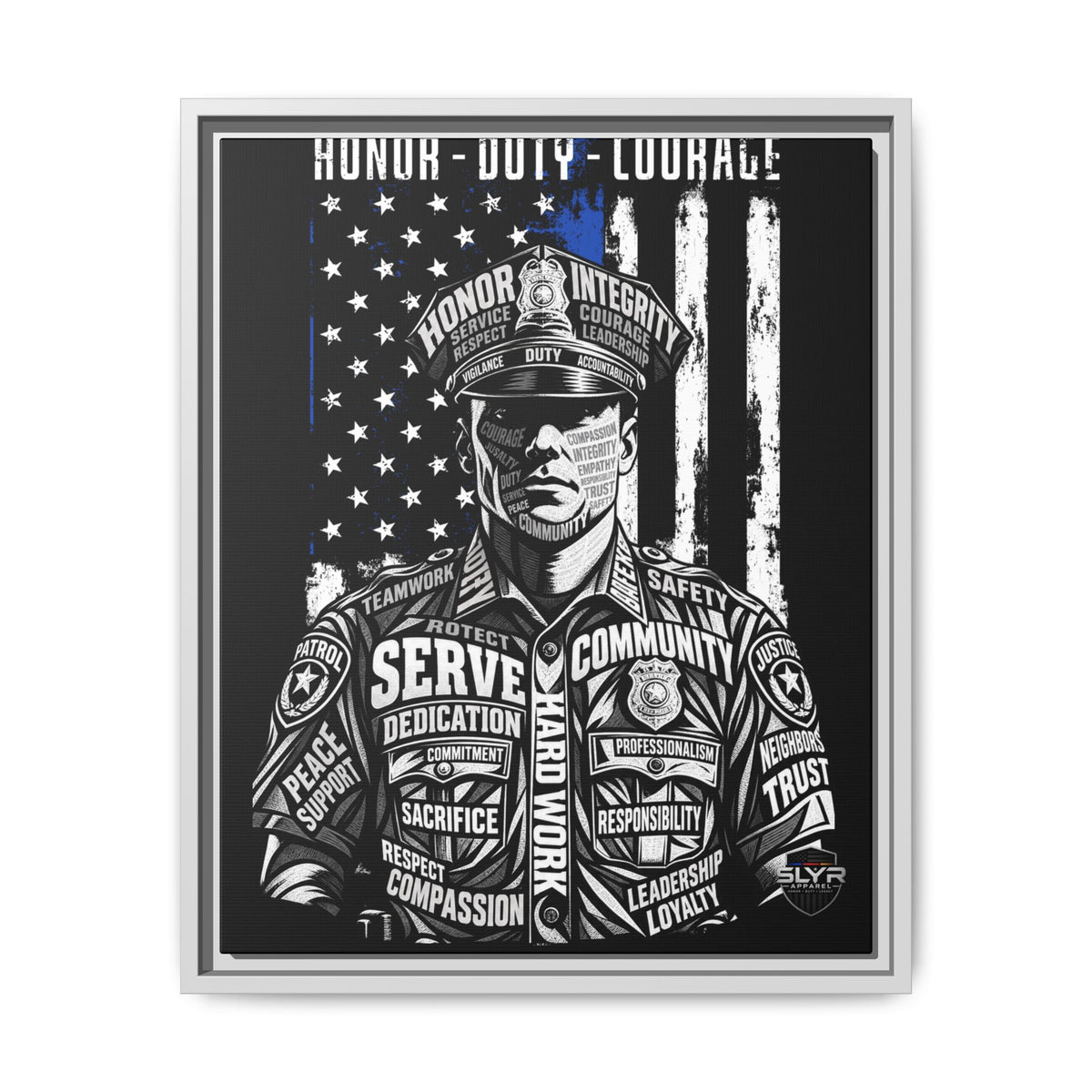 SLYR Apparel Honor Duty Loyalty patriotic framed canvas wall art - product view 2 with American flag service tribute
